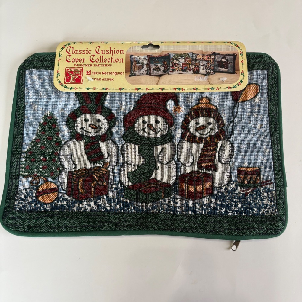 Vintage American Crafts Tapestry Pillow‎ Cover 10x14 Rectangle Snowmen Presents